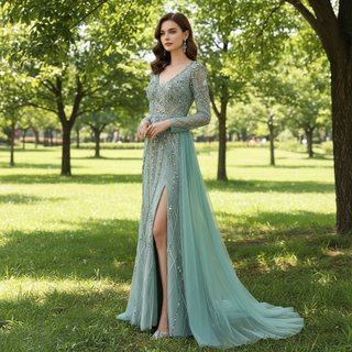 Fashion Vneck Long Sleeve Evening Dress Party Gown with Slit