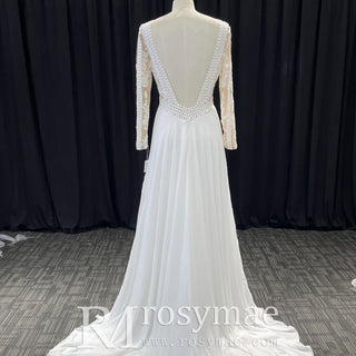 Long Sleeve V-neck Sheath Wedding Dresses With Lace for Elegant Bride - Rosymae