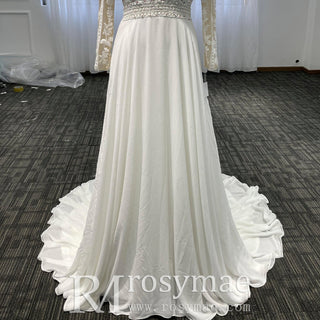 Long Sleeve V-neck Sheath Wedding Dresses With Lace for Elegant Bride - Rosymae