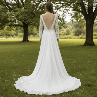 Long Sleeve V-neck Sheath Wedding Dresses With Lace for Elegant Bride - Rosymae