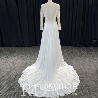 Long Sleeve V-neck Sheath Wedding Dresses With Lace for Elegant Bride - Rosymae