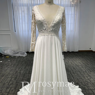 Long Sleeve V-neck Sheath Wedding Dresses With Lace for Elegant Bride - Rosymae