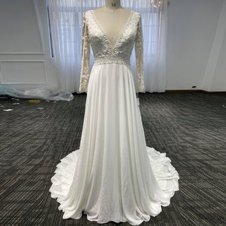 Long Sleeve V-neck Sheath Wedding Dresses With Lace for Elegant Bride - Rosymae