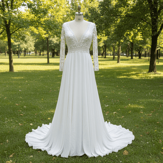 Long Sleeve V-neck Sheath Wedding Dresses With Lace for Elegant Bride - Rosymae