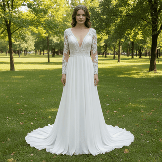 Long Sleeve V-neck Sheath Wedding Dresses With Lace for Elegant Bride - Rosymae