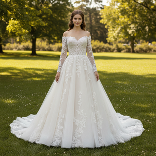 A-Line Long Sleeve Multi-Color Lace Wedding Dresses