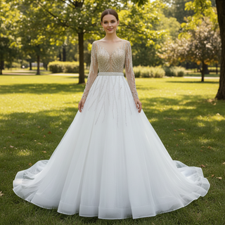 Sparkly Long Sleeve Wedding Dress with Detachable Train