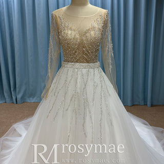 Sparkly Long Sleeve Wedding Dress with Detachable Train