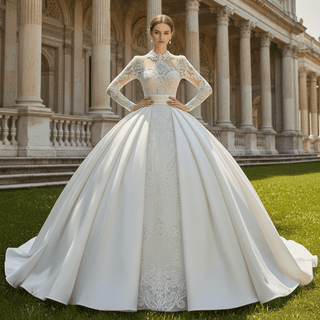 Long Sleeved High Neck Illusion Lace Ballgown Wedding Dress - Rosymae