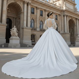 Long Sleeved High Neck Illusion Lace Ballgown Wedding Dress - Rosymae
