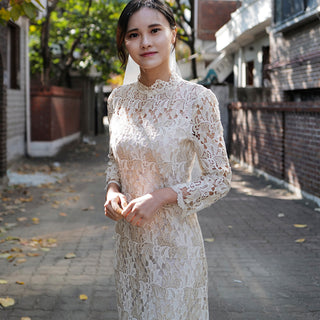 Intricate Lace Midi Length Long Sleeve Wedding Dress with Mock Neckline