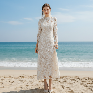 Intricate Lace Midi Length Long Sleeve Wedding Dress with Mock Neckline Off White / 0 Intricate Lace Midi Length Long Sleeve Wedding Dress with Mock Neckline Off White / 0