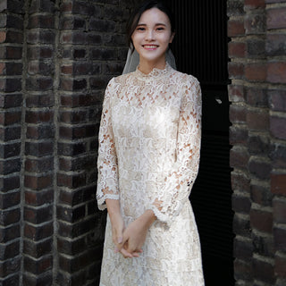 Intricate Lace Midi Length Long Sleeve Wedding Dress with Mock Neckline