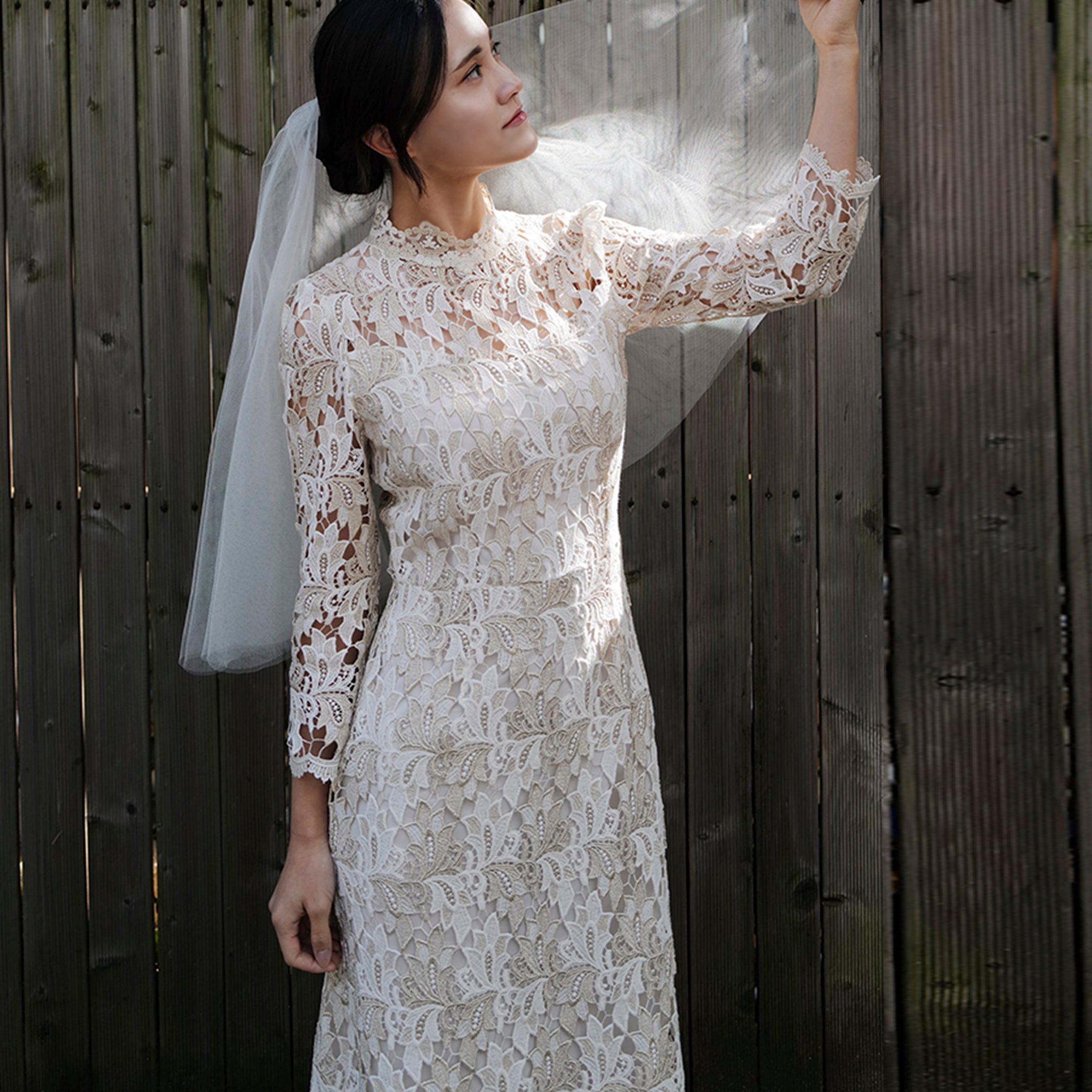 Intricate Lace Midi Length Long Sleeve Wedding Dress with Mock Neckline Off White / 0 Intricate Lace Midi Length Long Sleeve Wedding Dress with Mock Neckline Off White / 0