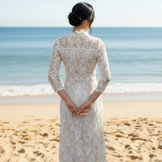 Intricate Lace Midi Length Long Sleeve Wedding Dress with Mock Neckline