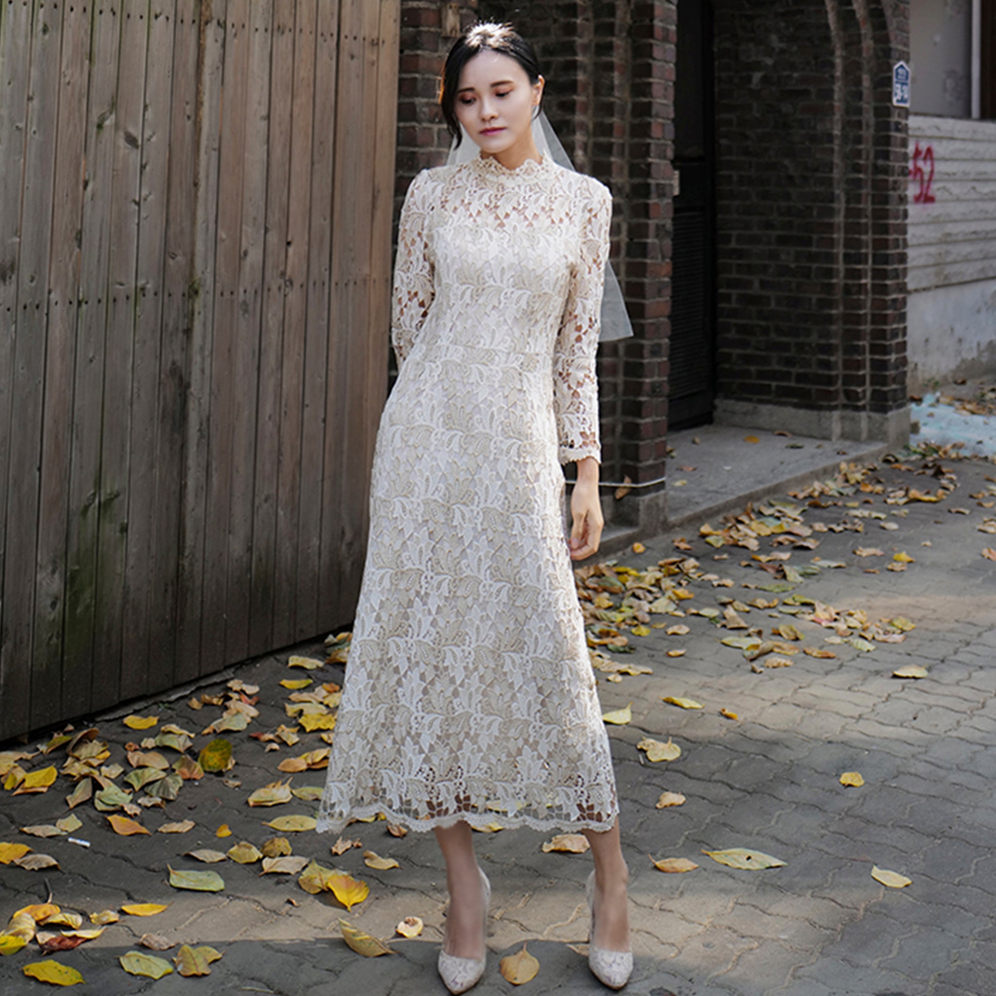Intricate Lace Midi Length Long Sleeve Wedding Dress with Mock Neckline Off White / 0 Intricate Lace Midi Length Long Sleeve Wedding Dress with Mock Neckline Off White / 0