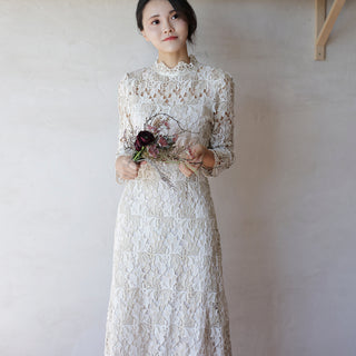Intricate Lace Midi Length Long Sleeve Wedding Dress with Mock Neckline