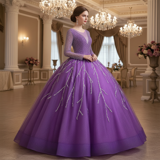 Long Sleeves O-Neck Beads Ball Gown Purple Prom Dress
