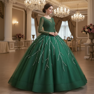 Long Sleeves O-Neck Beads Ball Gown Purple Prom Dress