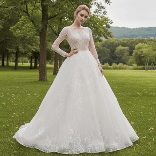 Long Sleeves Lace Ball Gown Bridal Lace Wedding Dress - Rosymae