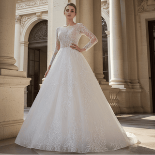 Long Sleeves Lace Ball Gown Bridal Lace Wedding Dress - Rosymae