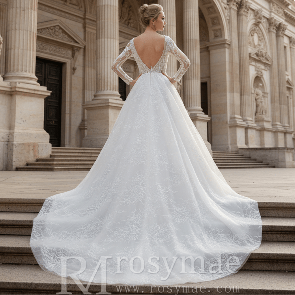 Long Sleeves Lace Ball Gown Bridal Lace Wedding Dress - Rosymae