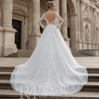 Long Sleeves Lace Ball Gown Bridal Lace Wedding Dress - Rosymae