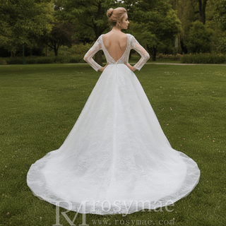 Long Sleeves Lace Ball Gown Bridal Lace Wedding Dress - Rosymae