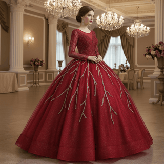 Long Sleeves O-Neck Beads Ball Gown Purple Prom Dress - Rosymae