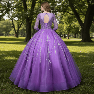 Long Sleeves O-Neck Beads Ball Gown Purple Prom Dress - Rosymae