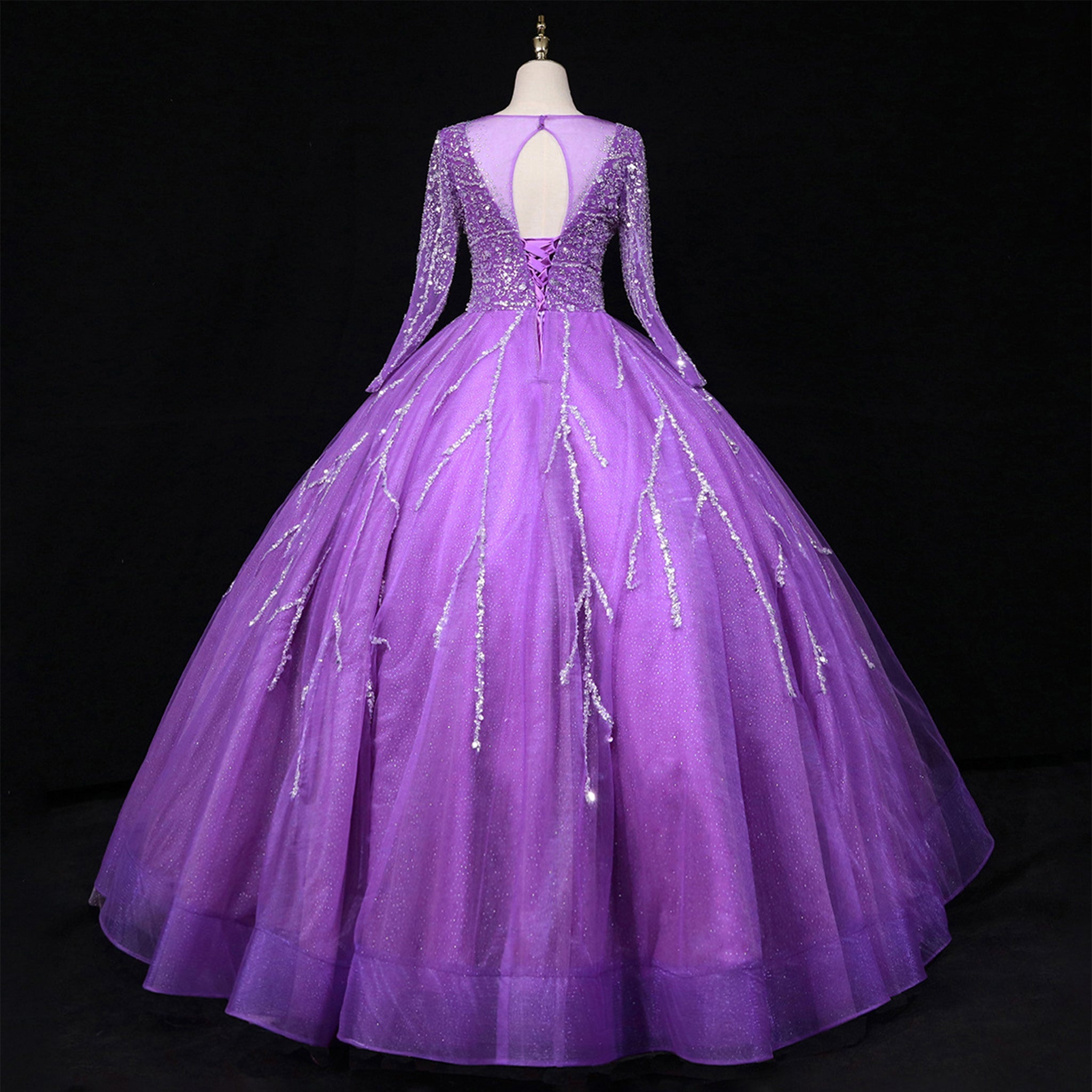 Long Sleeves O-Neck Beads Ball Gown Purple Prom Dress - Rosymae