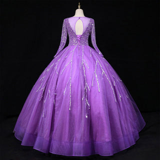 Long Sleeves O-Neck Beads Ball Gown Purple Prom Dress - Rosymae