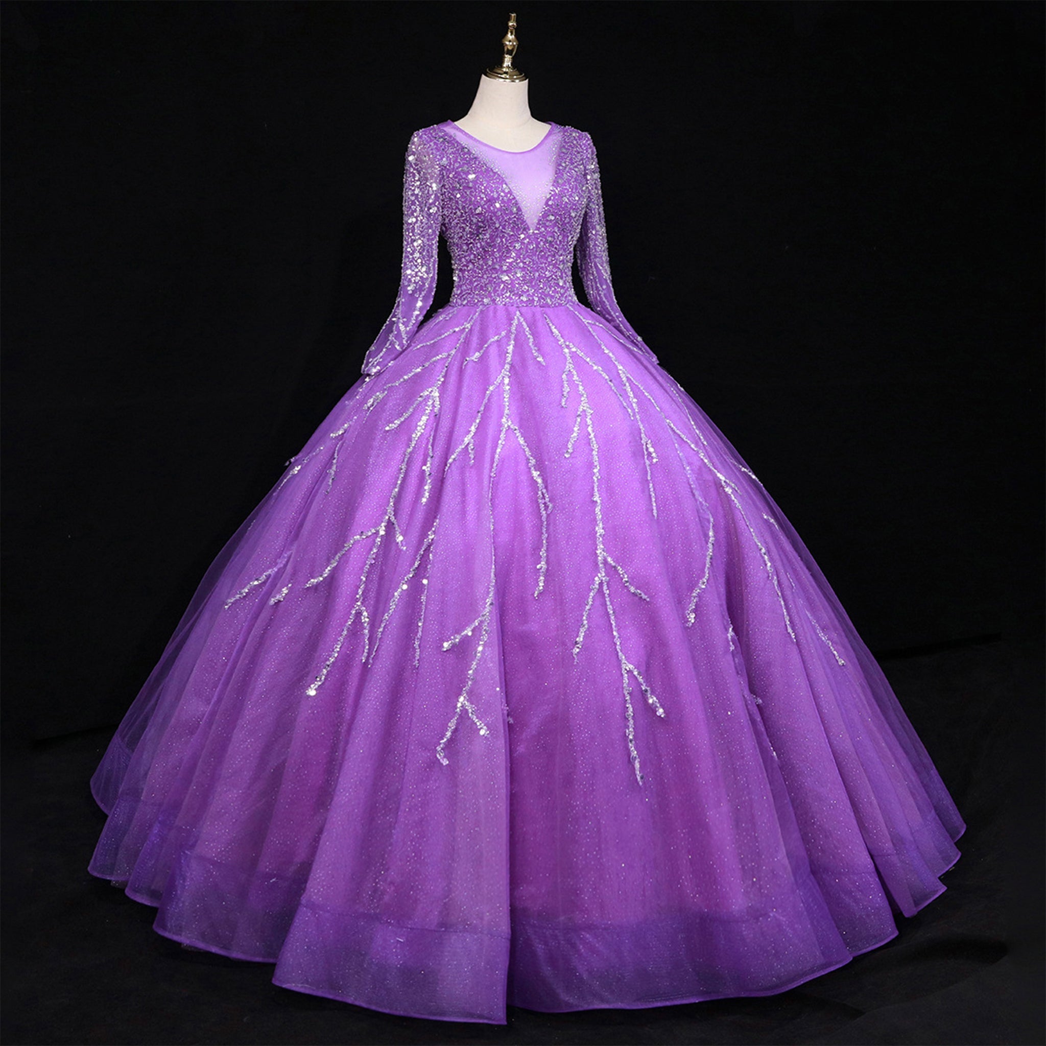Long Sleeves O-Neck Beads Ball Gown Purple Prom Dress - Rosymae
