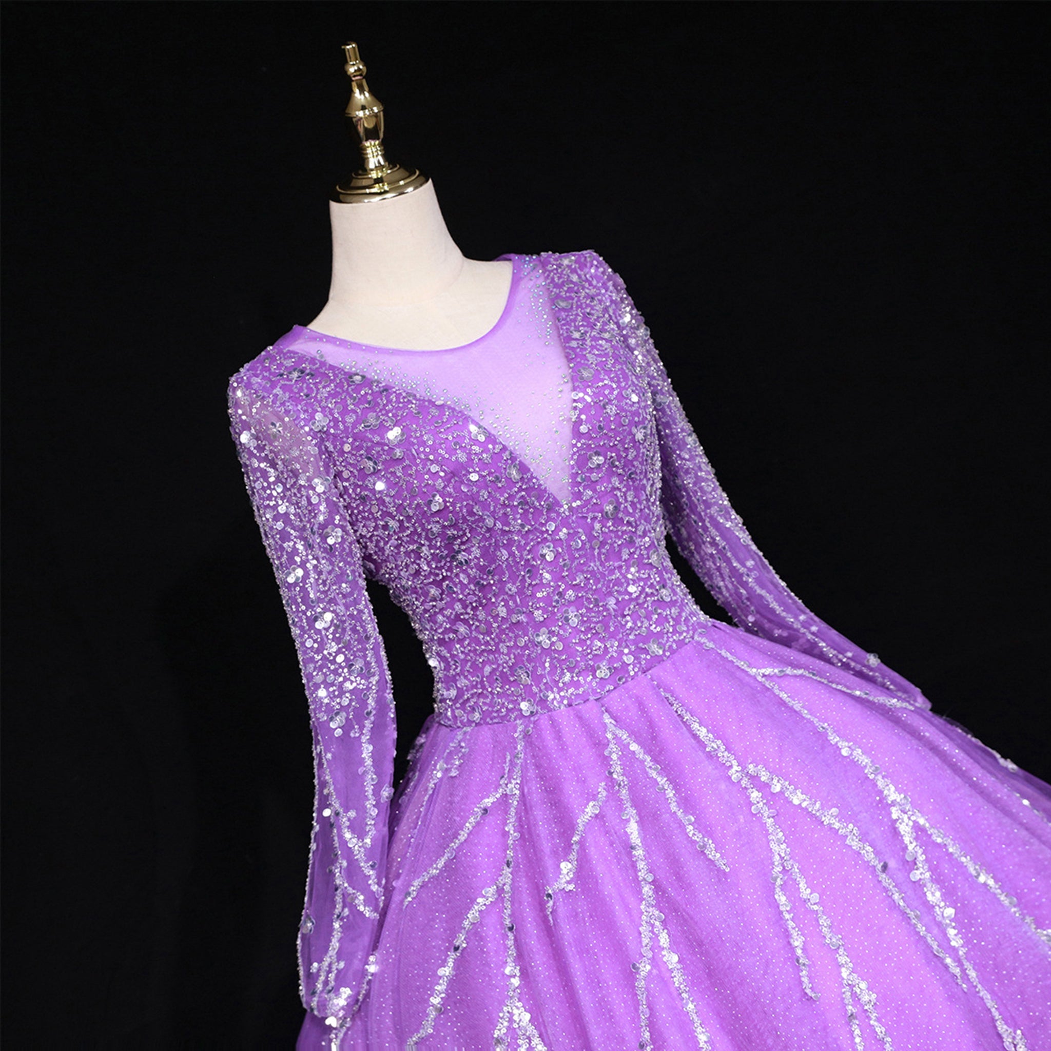 Long Sleeves O-Neck Beads Ball Gown Purple Prom Dress - Rosymae