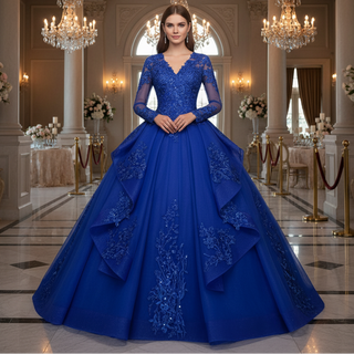 Fashion Long Sleeves Ball Gown V-Neck Lace Applique Prom Dress