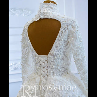 Long Sleeves Vintage High Neck Pearls Wedding Dress with Keyhole - Rosymae