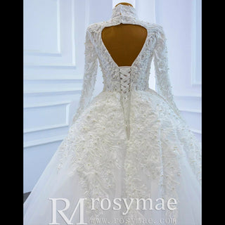 Long Sleeves Vintage High Neck Pearls Wedding Dress with Keyhole - Rosymae