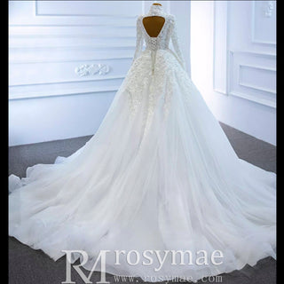 Long Sleeves Vintage High Neck Pearls Wedding Dress with Keyhole - Rosymae