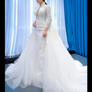 Long Sleeves Vintage High Neck Pearls Wedding Dress with Keyhole - Rosymae