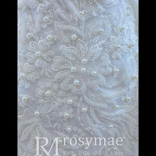 Long Sleeves Vintage High Neck Pearls Wedding Dress with Keyhole - Rosymae