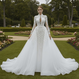 Long Sleeves Vintage High Neck Pearls Wedding Dress with Keyhole - Rosymae