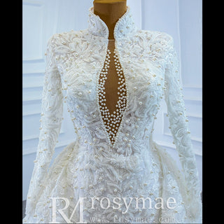 Long Sleeves Vintage High Neck Pearls Wedding Dress with Keyhole - Rosymae