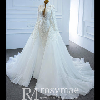 Long Sleeves Vintage High Neck Pearls Wedding Dress with Keyhole - Rosymae