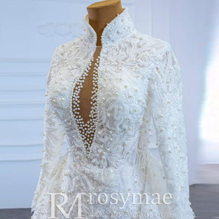 Long Sleeves Vintage High Neck Pearls Wedding Dress with Keyhole - Rosymae