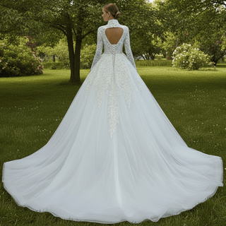 Long Sleeves Vintage High Neck Pearls Wedding Dress with Keyhole - Rosymae