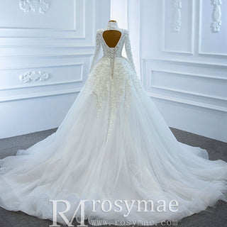 Long Sleeves Vintage High Neck Pearls Wedding Dress with Keyhole - Rosymae