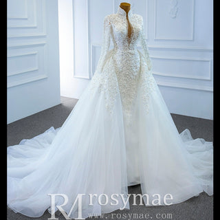 Long Sleeves Vintage High Neck Pearls Wedding Dress with Keyhole - Rosymae
