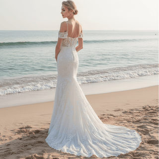 Long Spaghetti Straps Mermaid Lace Wedding Dresses with Beads - Rosymae