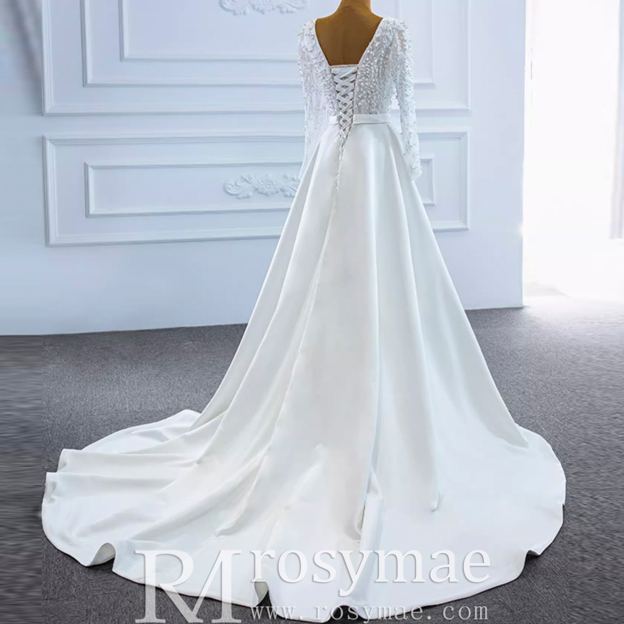 Low Back Long Sleeve Satin Sheer V-neck Wedding Dress with Leg Slit - Rosymae