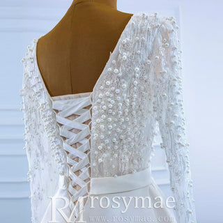 Low Back Long Sleeve Satin Sheer V-neck Wedding Dress with Leg Slit - Rosymae